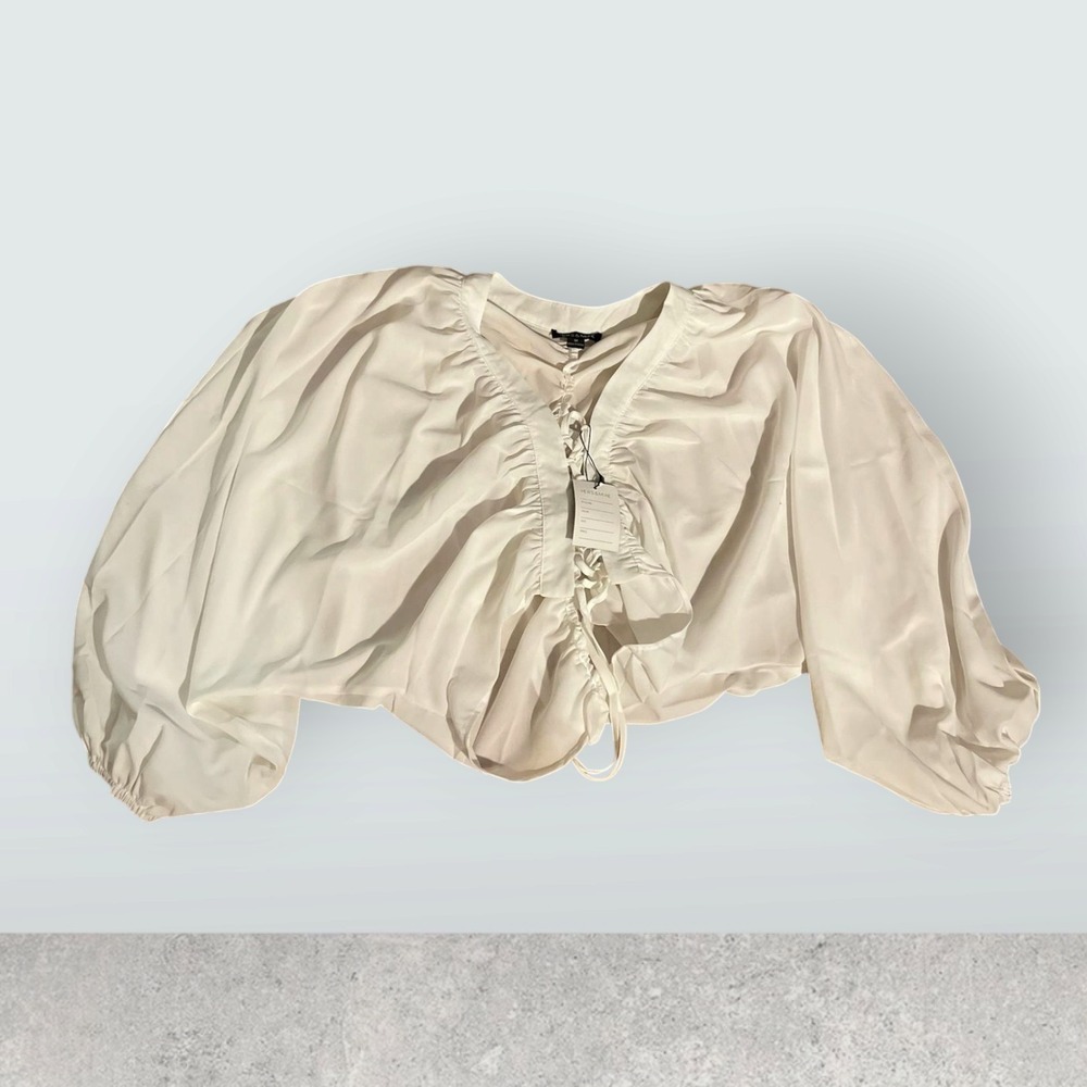 Naked Wardrobe Hers &Mine Ruched‎ Blouse Tie Front Balloon Sleeve Top White M